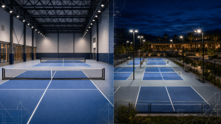 Split view of a professionally illuminated indoor racquet sports court and outdoor courts at night, with subtle architectural and photometric overlays.