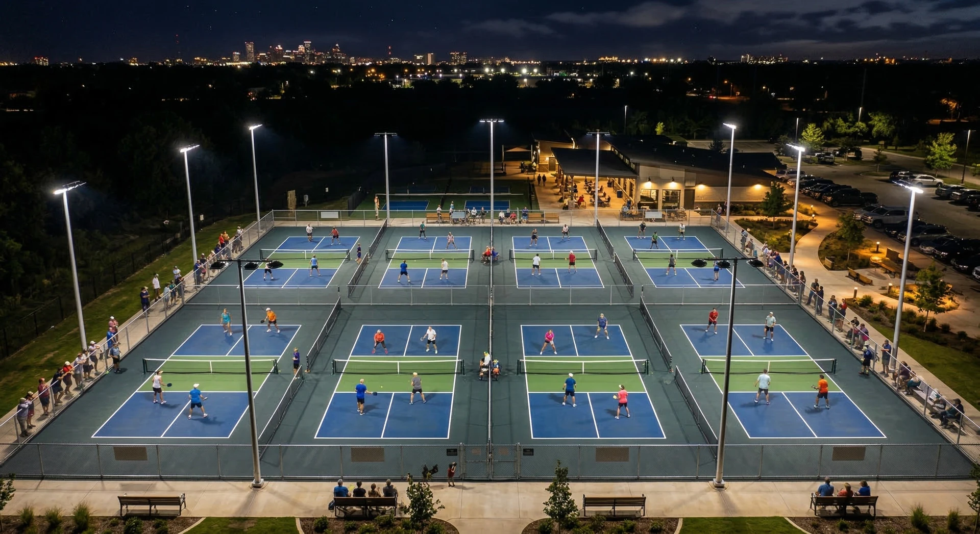 Outdoor pickleball lighting · Nighttime rendering