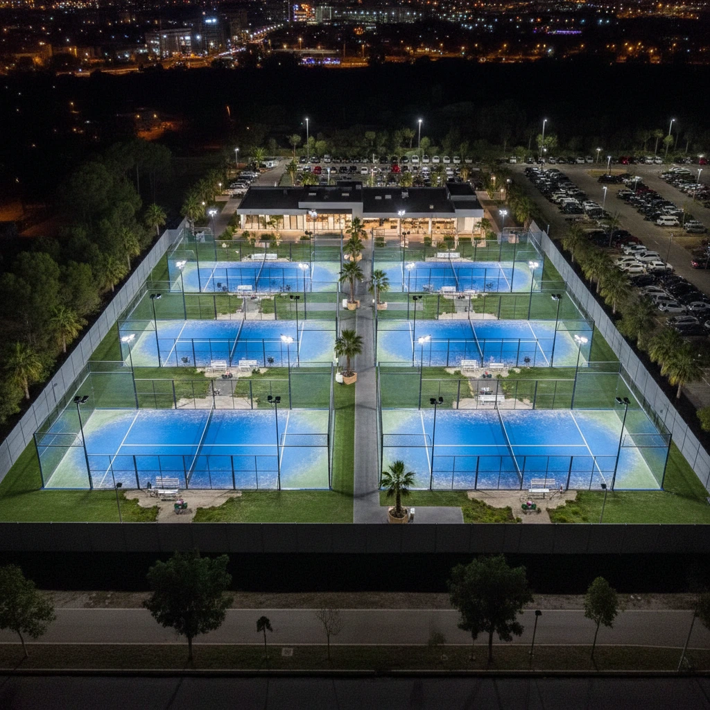 Rendering of illuminated outdoor padel courts at night