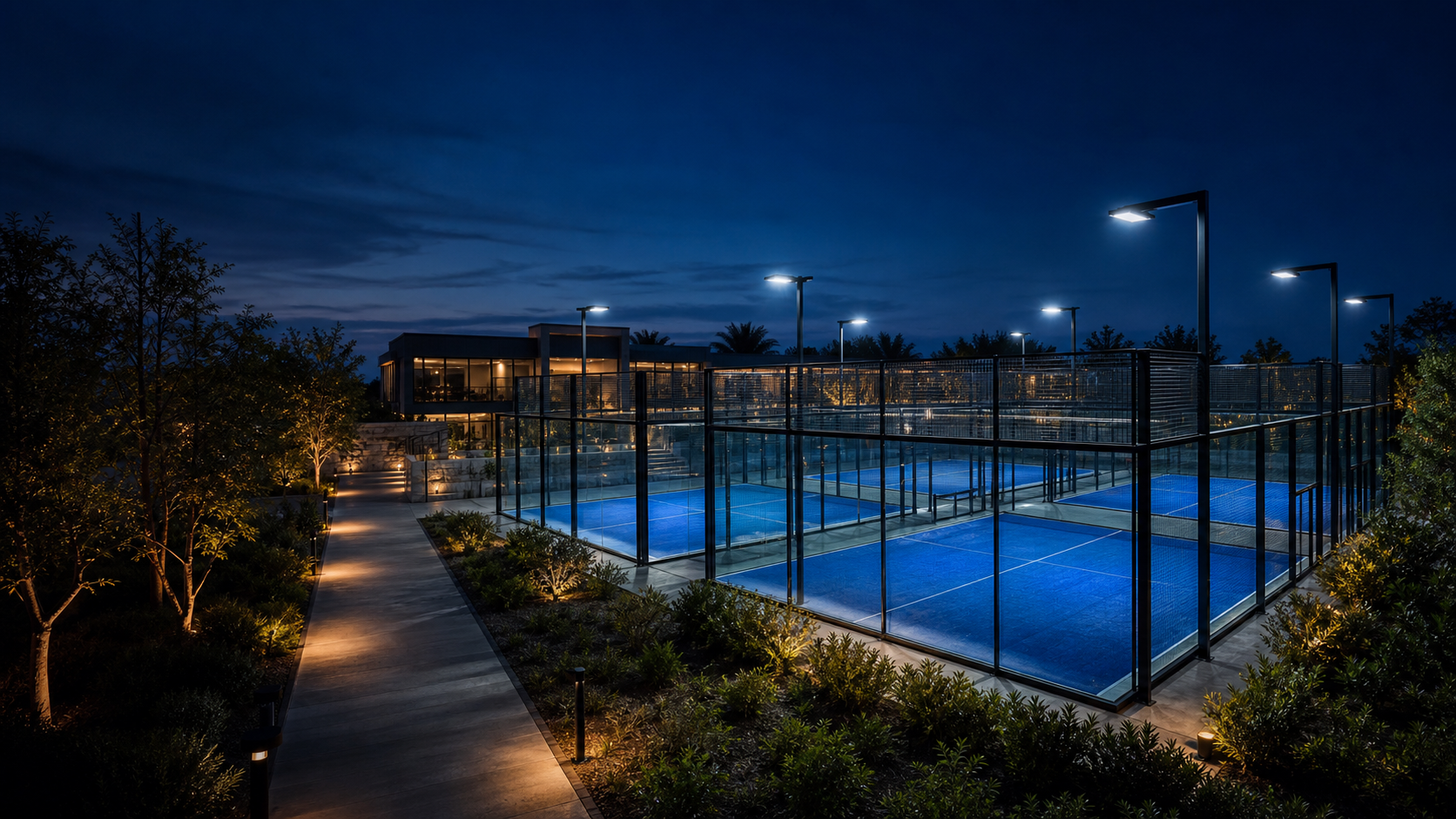 Concept illustration of glass-enclosed padel courts under nighttime lighting