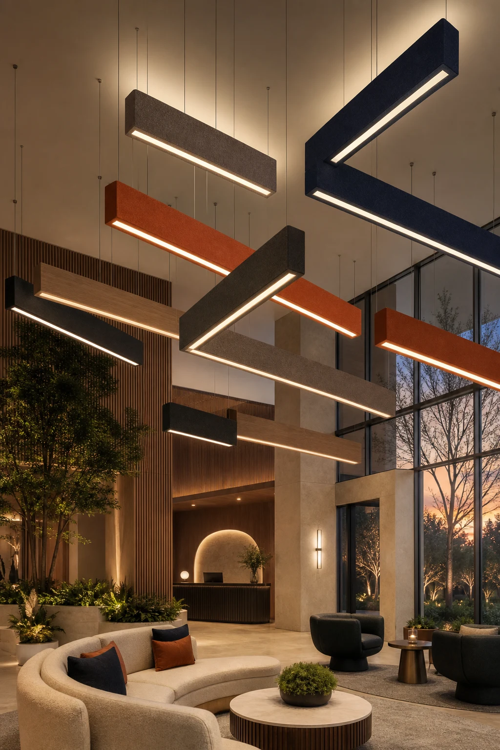 Concept visualization of colored acoustic lighting elements in a lobby