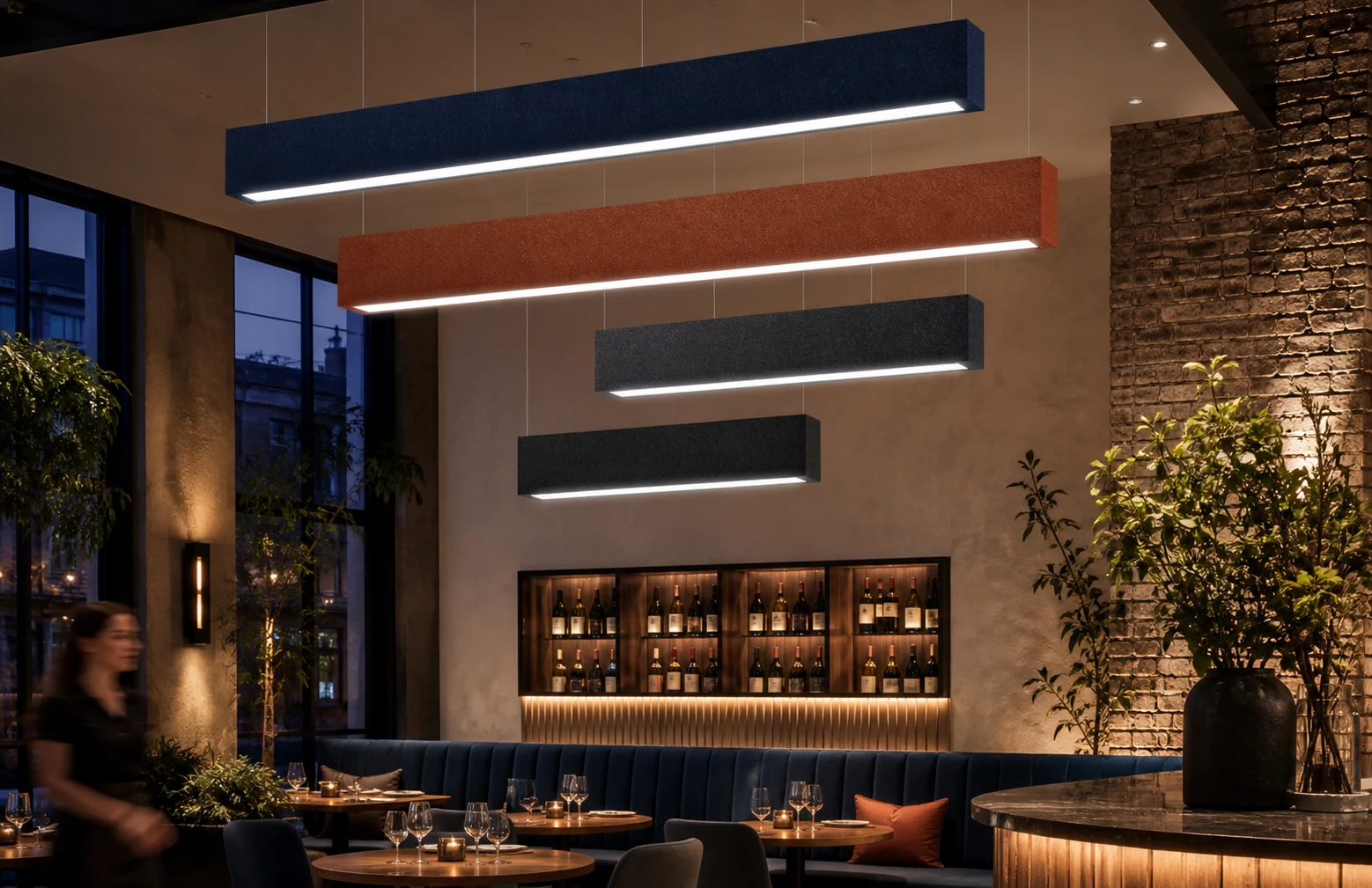 Concept visualization of separate illuminated acoustic accents over restaurant tables