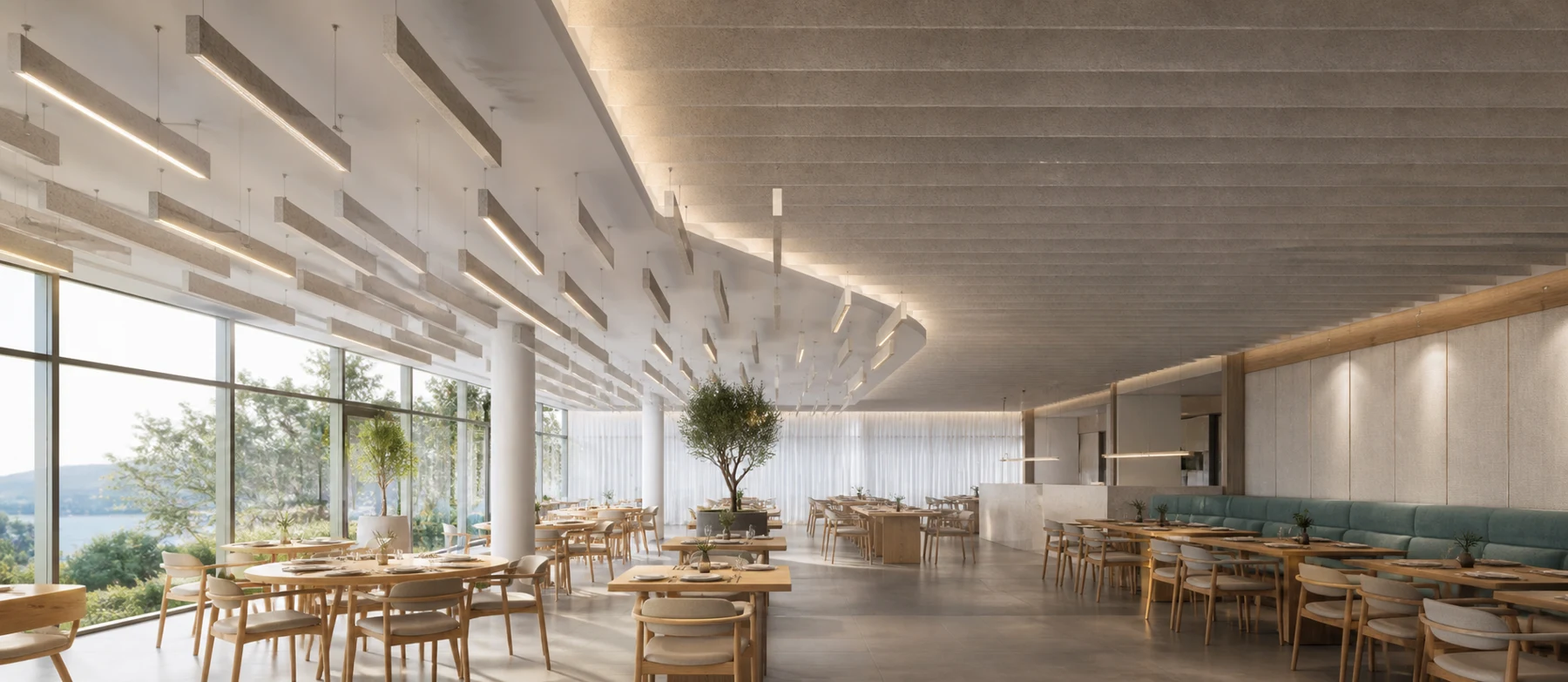 Concept visualization of a room-spanning acoustic ceiling composition in a dining space