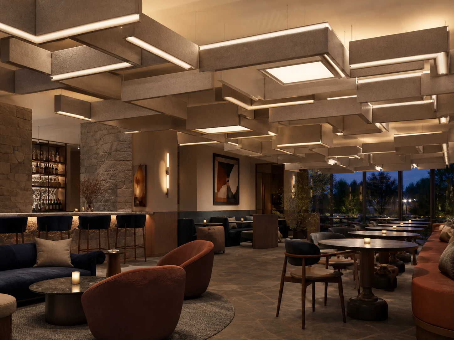 Concept visualization of connected illuminated acoustic forms above a hospitality lounge
